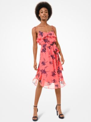 Robe à volants en crêpe georgette à fleurs - CORAL PEACH - Michael Kors