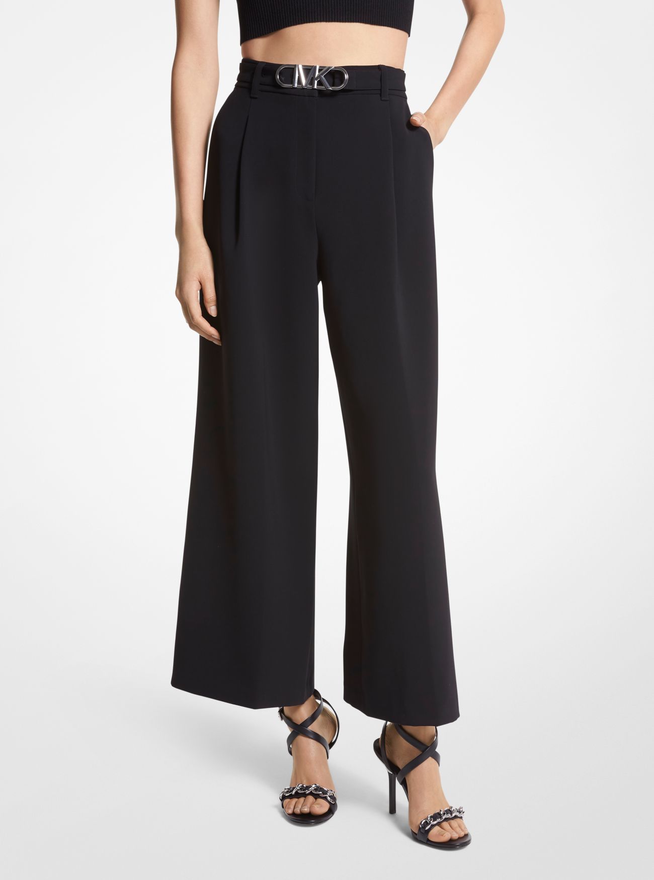 MK Cropped Stretch Twill Belted Trousers - Black - Michael Kors