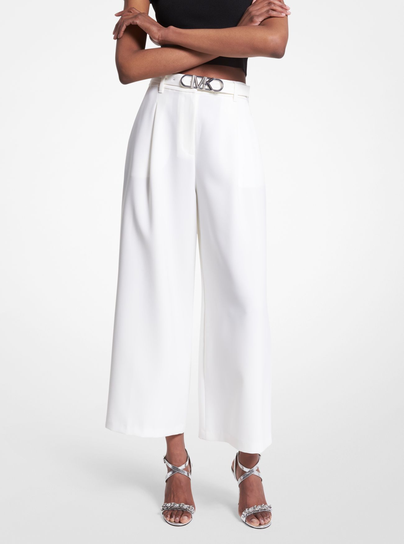 MK Cropped Stretch Twill Belted Trousers - White - Michael Kors