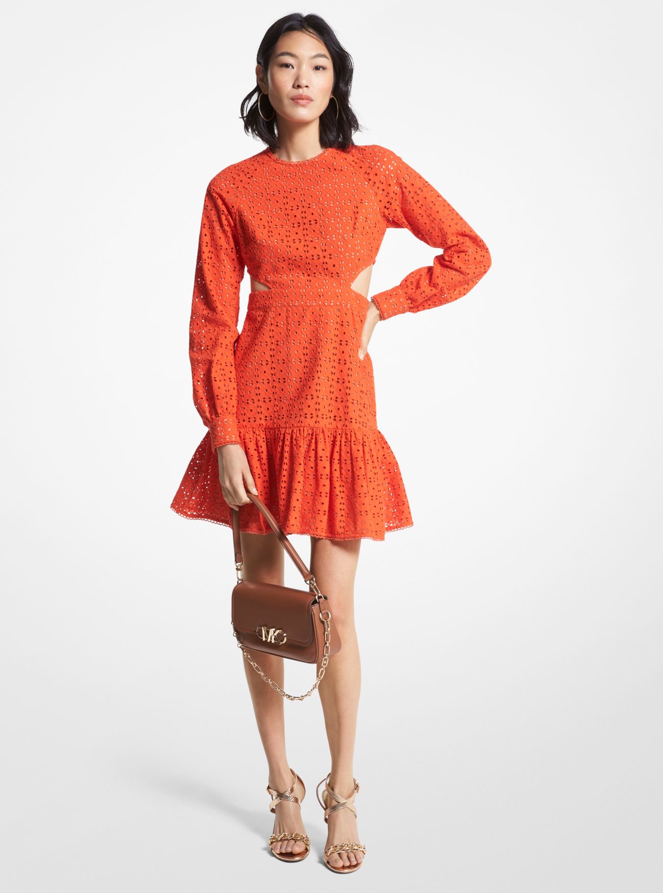 MK Cotton Eyelet Cutout Mini Dress - Optic Orange - Michael Kors