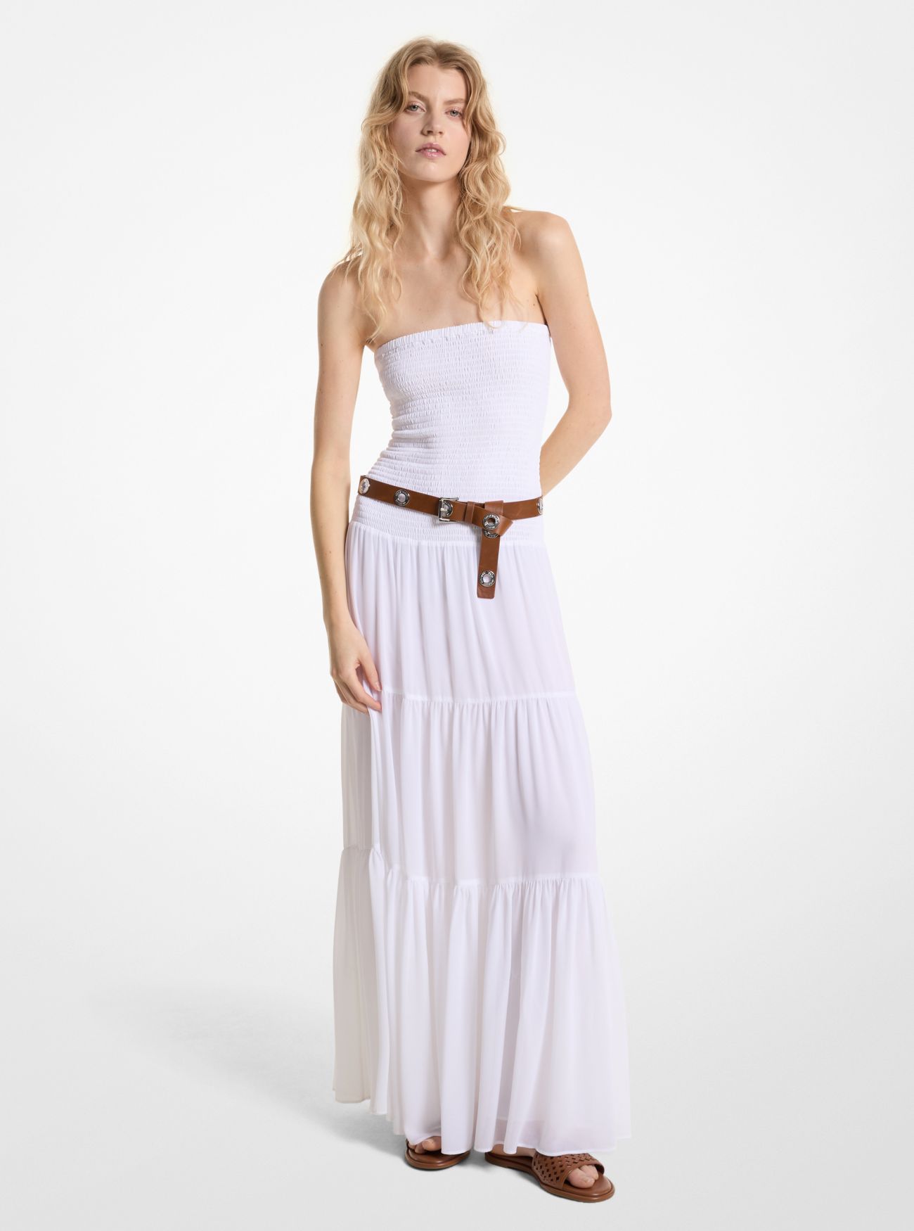 MK Tiered Smocked Georgette Maxi Dress - White - Michael Kors