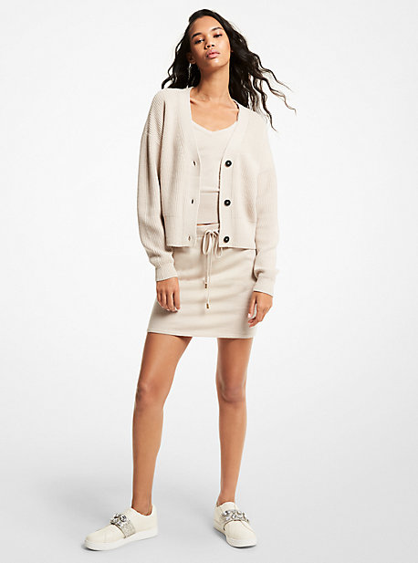 Michael Kors Ribbed Wool Blend Cropped Cardigan In Natural