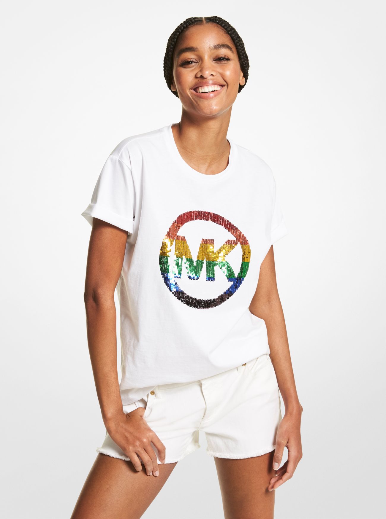 MK PRIDE Sequined Logo Organic Cotton T-Shirt - White - Michael Kors
