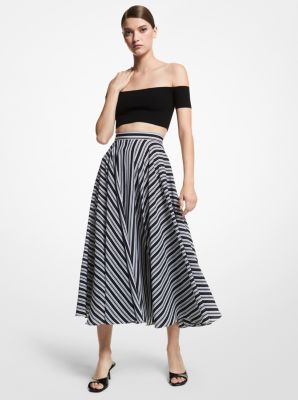 Striped Organic Silk Crepe De Chine Midi Skirt