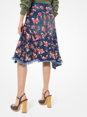 Floral Embroidered Frayed Denim Skirt
