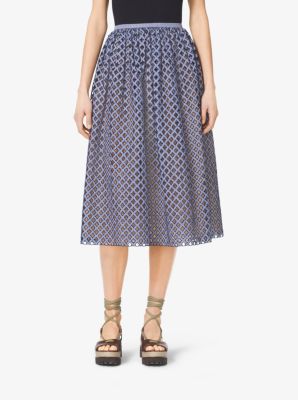 Gingham Lattice-Embroidered Cotton-Poplin Skirt