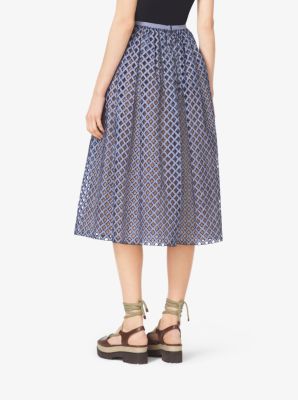 Gingham Lattice-Embroidered Cotton-Poplin Skirt