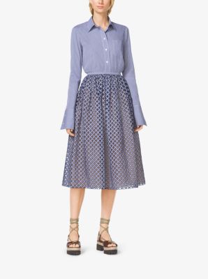 Gingham Lattice-Embroidered Cotton-Poplin Skirt