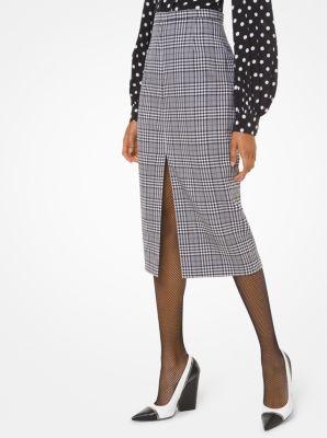 Glen Plaid Wool Slit-Front Pencil Skirt 