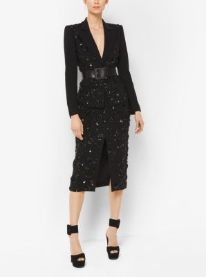 Floral-Embroidered Stretch Pebble-Crepe Slit Skirt | Michael Kors