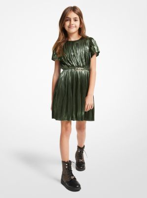 GREEN PLEATED BELTED DRESS