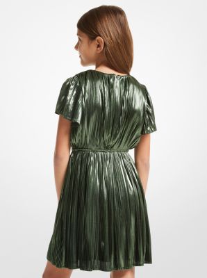 Pleated Lam&eacute; Belted Dress in JADE | Michael Kors