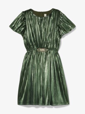 Pleated Lam&eacute; Belted Dress in JADE | Michael Kors