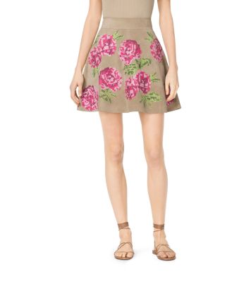 Floral-Embroidered Suede Skirt