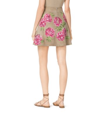 Floral-Embroidered Suede Skirt