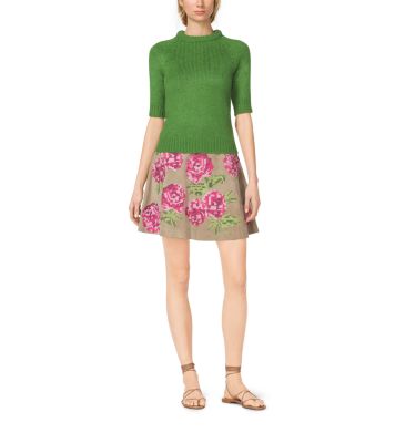 Floral-Embroidered Suede Skirt