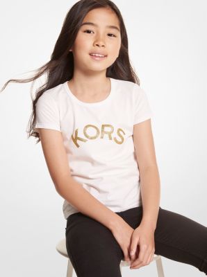 Glitter Logo Stretch Cotton T-Shirt in OFF WHITE | Michael Kors