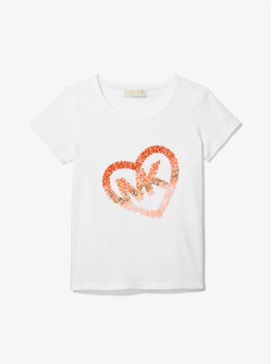 Stretch Cotton Sequined Logo Heart T-Shirt