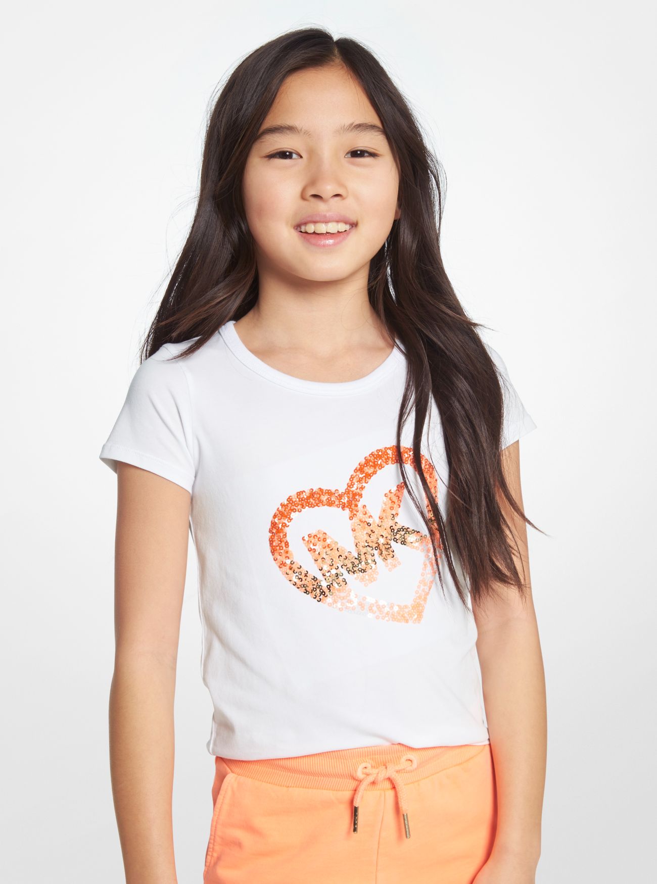 MK Stretch Cotton Sequined Logo Heart T-Shirt - White - Michael Kors