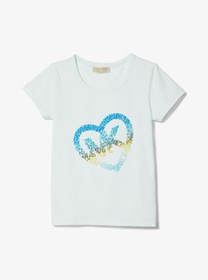 Stretch Cotton Sequined Logo Heart T-Shirt