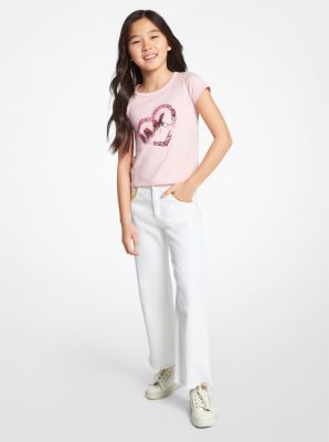 Stretch Cotton Sequined Logo Heart T-Shirt