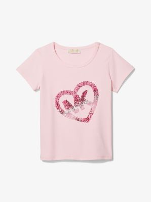 Stretch Cotton Sequined Logo Heart T-Shirt