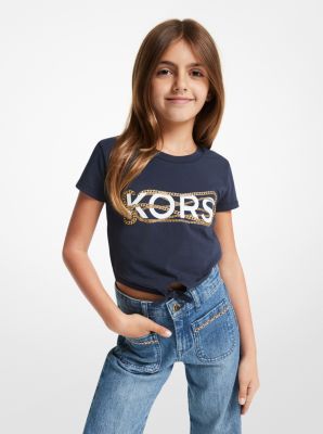 Logo Stretch Cotton Ruched Cropped T-Shirt in NAVY | Michael Kors