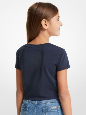 Logo Stretch Cotton Ruched Cropped T-Shirt in NAVY | Michael Kors