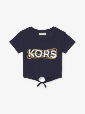 Logo Stretch Cotton Ruched Cropped T-Shirt in NAVY | Michael Kors