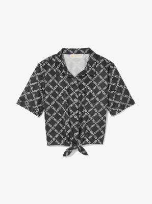 Empire Logo Print Woven Tie-Front Blouse