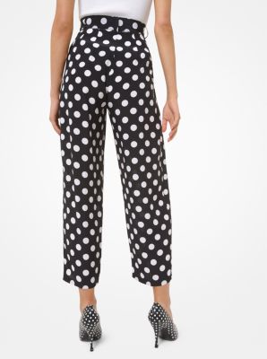 Polka Dot Silk Crepe De Chine Pleated Cropped Trousers