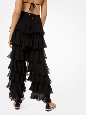 Washed Silk-Chiffon Tiered Ruffle Pants
