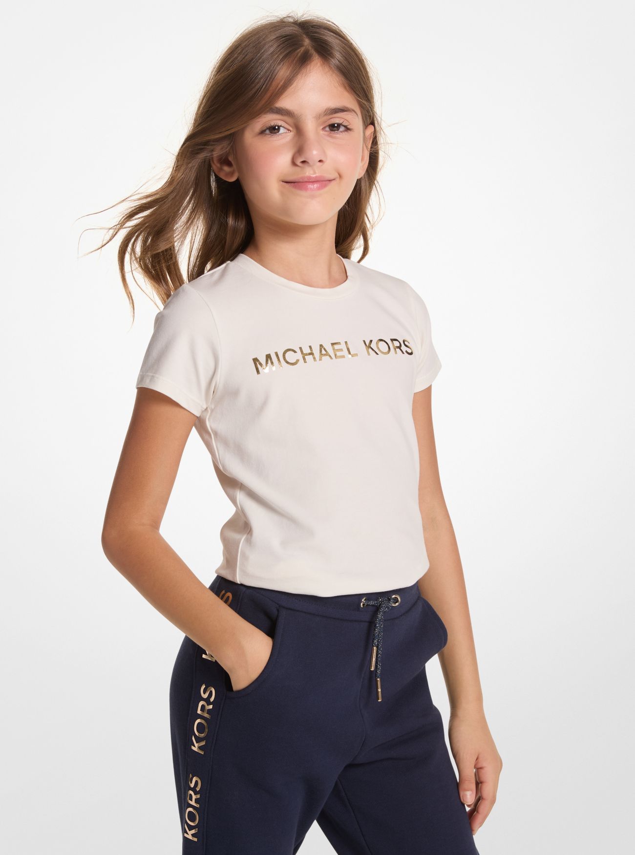 MK Logo Stretch Cotton T-Shirt - Natural - Michael Kors
