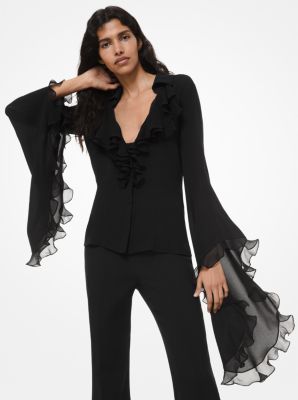 Silk-Georgette Ruffled Draped-Sleeve Blouse