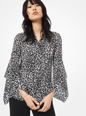 Leopard Silk Crepe De Chine Draped-Sleeve Blouse