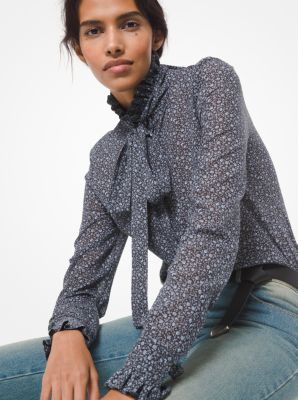 Floral Cotton Voile Tie-Neck Ruffled Blouse in STORM | Michael Kors