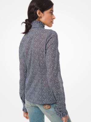 Floral Cotton Voile Tie-Neck Ruffled Blouse in STORM | Michael Kors