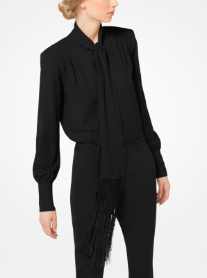 Fringed Silk-Georgette Scarf Blouse