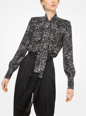 Fringed Tiger Silk-Georgette Scarf Blouse