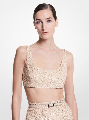 Hand-Embroidered Paillette Floral Lace Cropped Tank Top