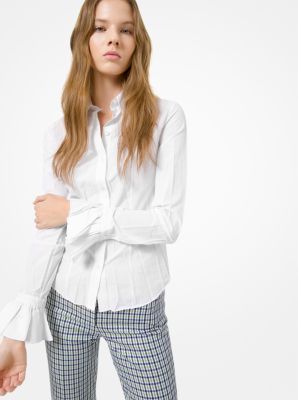 Crushed Poplin Ruffle-Cuff Shirt