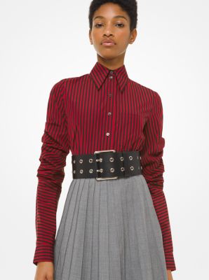 Striped Poplin Scrunched-Sleeve Shirt