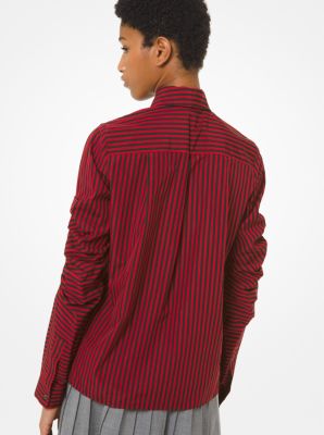 Striped Poplin Scrunched-Sleeve Shirt