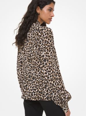 Leopard Silk Crepe De Chine Bow Blouse