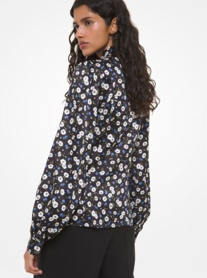 Floral Silk Charmeuse Bow Blouse