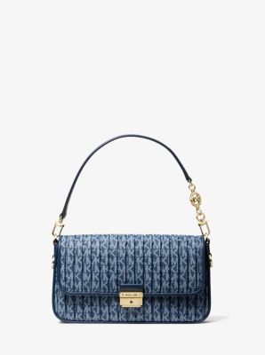 Bradshaw Small Pleated Logo Convertible Shoulder Bag in Dark Denim | Michael Kors