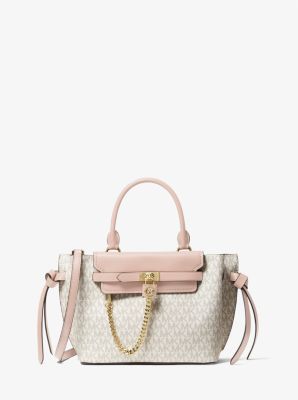 Michael Kors Hamilton Medium Vanilla MK Signature Pink Satchel Crossbody  Handbag