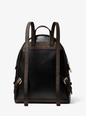 Rhea Medium Logo Embossed Patent Leather Backpack in BLACK | Michael Kors