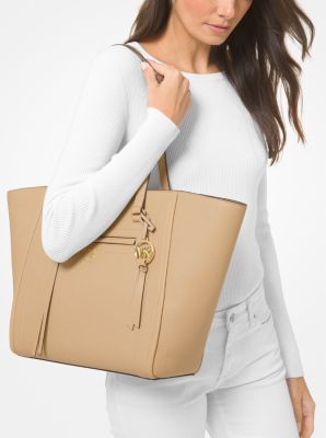 Michael Kors Carine Medium Top Zip Satchel Light Cream Pebbled Leather