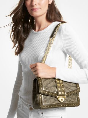 Michael Kors SOHO STUDDED LARGE ANIMAL PRINT LOGO SHOULDER BAG